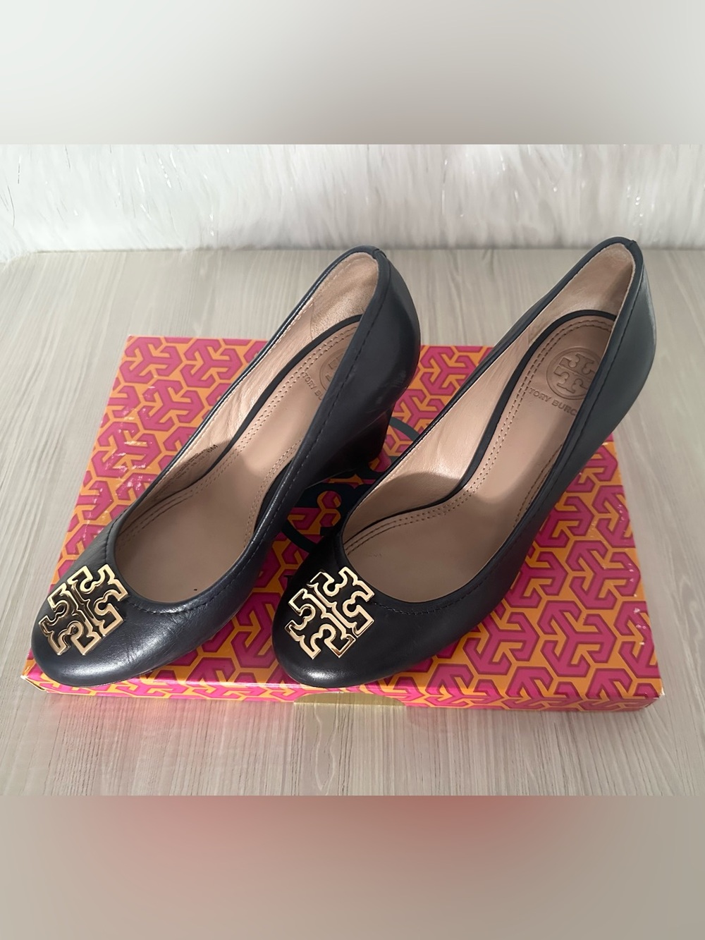 Tory Burch Black Leather Heels with Gold Logo